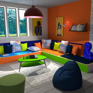 scénarisation d un aménagement en 3D autour d'un coussin