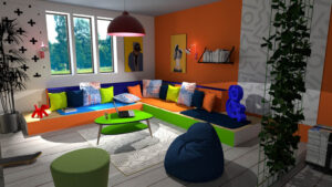 Autre projet déco atypique scénarisation d un aménagement en 3D autour d'un coussin