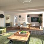 Projet 3D d'un projet de suppression d'une cloison séparative entre le salon et un petit bureau