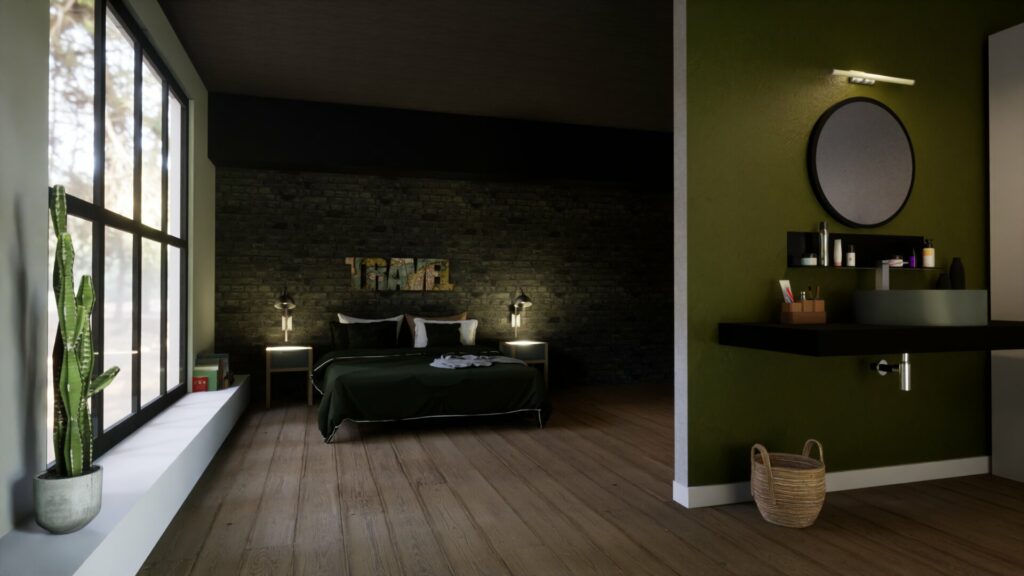 Aménagement d'un espace 3D - chambre et coin lavabo